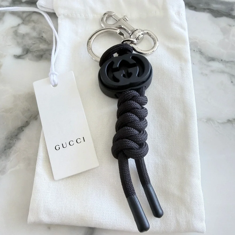 Gucci Black Interlocking G‎ Knotted Cord Keychain Swivel Hook 834480